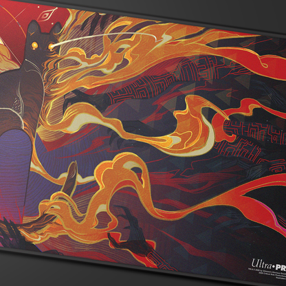 A black and orange stylized cat with glowing eyes on a playmat, featuring fiery accents and intricate patterns. Brand: Ultra PRO, Item: Critical Role Radiants: The Mighty Nein Caleb Widogast Black-Stitched Playmat.