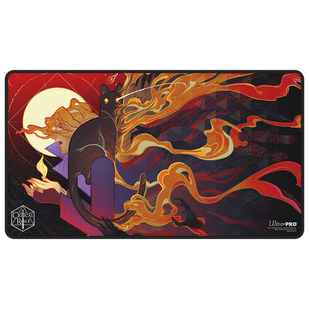 A black-stitched playmat featuring Critical Role's Mighty Nein character Caleb Widogast with a black cat and fiery elements. Brand: Ultra PRO, Item: Critical Role Radiants: The Mighty Nein Caleb Widogast Black-Stitched Playmat for Tabletop Gaming.