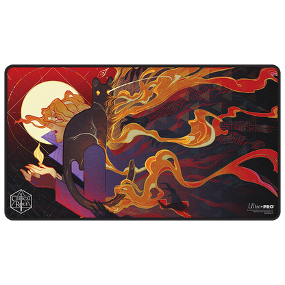 A black-stitched playmat featuring Critical Role's Mighty Nein character Caleb Widogast with a black cat and fiery elements. Brand: Ultra PRO, Item: Critical Role Radiants: The Mighty Nein Caleb Widogast Black-Stitched Playmat for Tabletop Gaming.