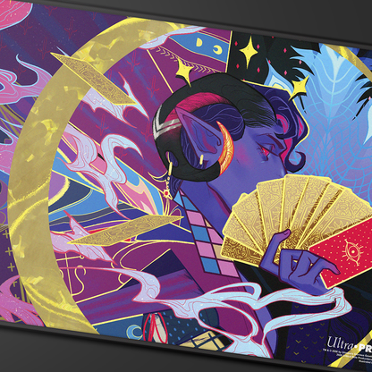 A purple and gold Critical Role Mollymauk Tealeaf playmat. Brand: Ultra PRO, Item: Critical Role Radiants: The Mighty Nein Mollymauk Tealeaf Black-Stitched Playmat for Tabletop Gaming.