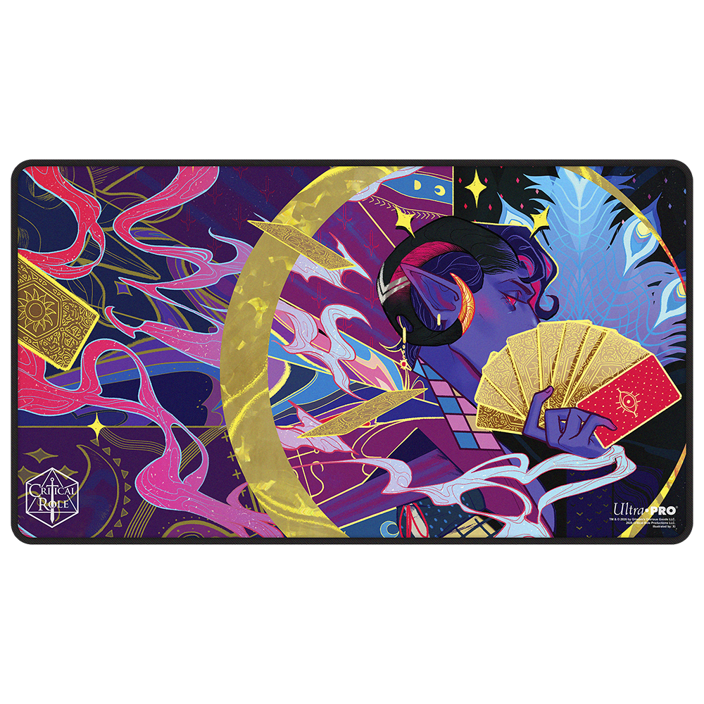 A colorful playmat featuring Mollymauk Tealeaf from Critical Role. Brand: Ultra PRO, Item: Critical Role Radiants: The Mighty Nein Mollymauk Tealeaf Black-Stitched Playmat for Tabletop Gaming