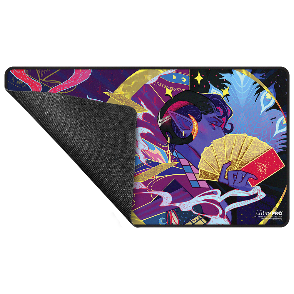 A Critical Role Radiants: The Mighty Nein Mollymauk Tealeaf Black-Stitched Playmat. Brand: Ultra Pro, Item: Mollymauk Tealeaf Playmat.