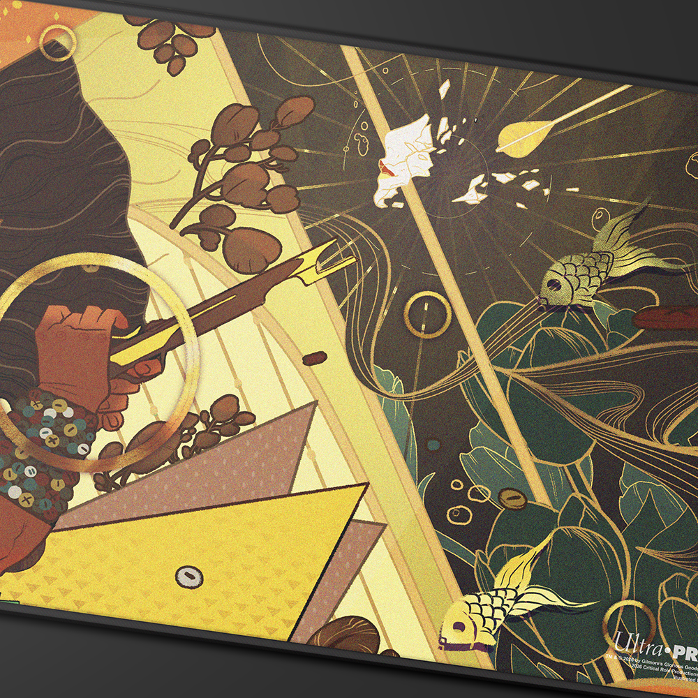 A stylized illustration of Veth Brenatto from Critical Role on a black-stitched playmat. The artwork features a hand holding a weapon, golden fish, and abstract geometric shapes in yellow, brown, and dark green.
