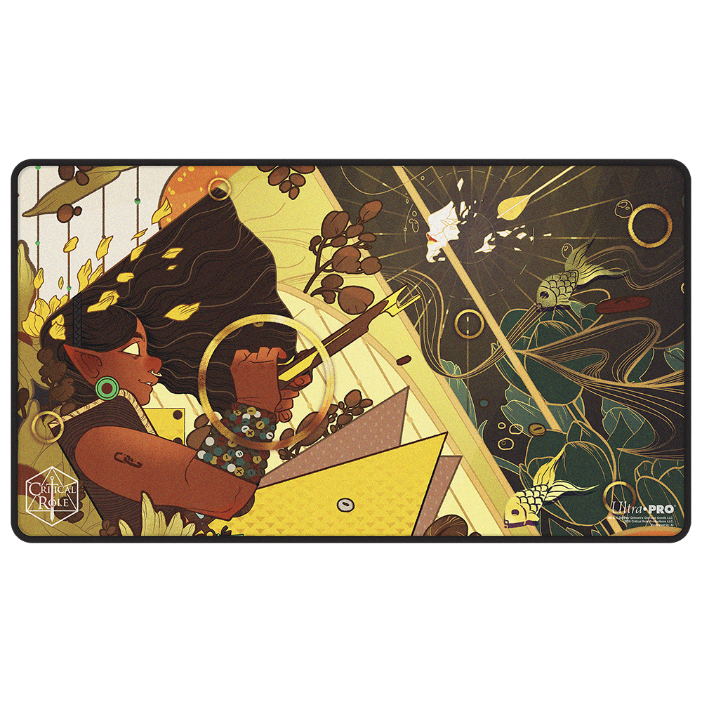A black-stitched playmat featuring Veth Brenatto from Critical Role. Brand: Ultra PRO, Item: Critical Role Radiants: The Mighty Nein Veth Brenatto Black-Stitched Playmat for Tabletop Gaming