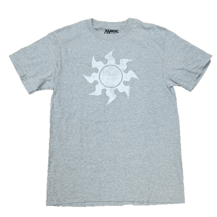 A grey short-sleeve t-shirt with a distressed white Magic: The Gathering Plains mana symbol. Brand: MTG PRO Shop, Item: Distressed White Mana T-shirt for Magic: The Gathering