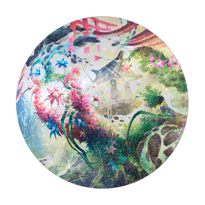 A circular, fantasy art playmat featuring a vibrant, mystical landscape with glowing flowers and ancient structures. Brand: Allied, Item: Commander Series #2: Allied - Go-Shintai HOLOFOIL® Standard Gaming Playmat for Magic: The Gathering