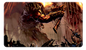 A dark fantasy gaming playmat featuring a demonic figure wielding a spiked weapon, with smaller figures battling below. Brand: Ultra PRO, Item: Commander Series #2: Allied - Rakdos Stitched Standard Gaming Playmat for Magic: The Gathering.