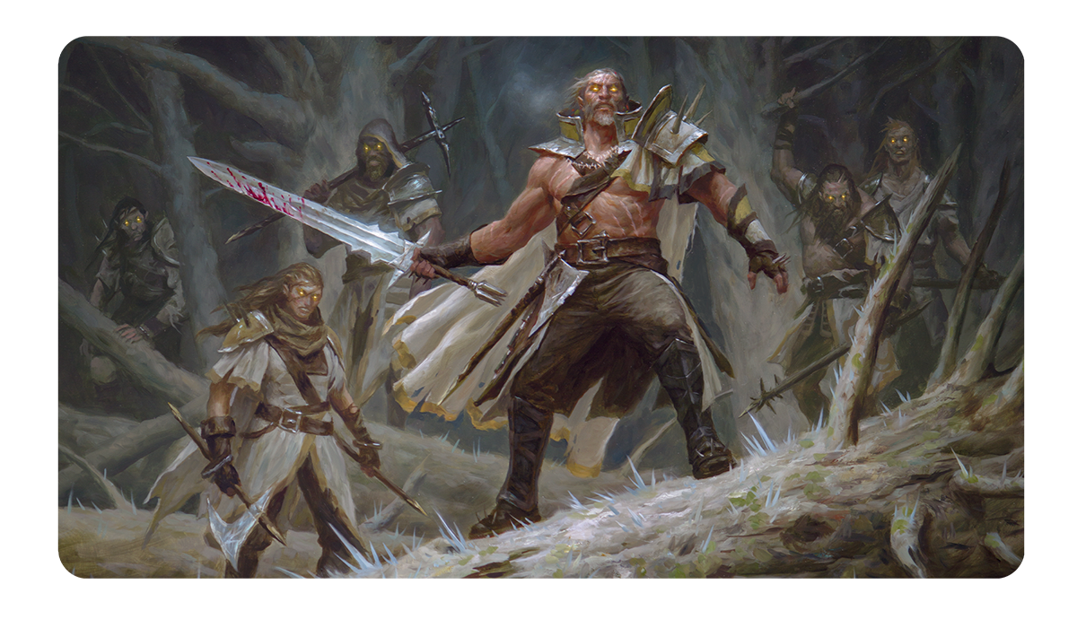 A fantasy art playmat featuring a muscular warrior with a bloody sword leading a group of glowing-eyed figures through a dark, thorny forest. Brand: Ultra PRO, Item: Commander Series #2: Allied - Tovolar Double-Sided Standard Gaming Playmat for Magic: The Gathering
