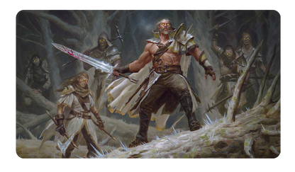 A fantasy art playmat featuring a muscular warrior with a bloody sword leading a group of glowing-eyed figures through a dark, thorny forest. Brand: Ultra PRO, Item: Commander Series #2: Allied - Tovolar Double-Sided Standard Gaming Playmat for Magic: The Gathering