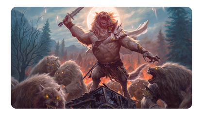 A fantasy art playmat depicting a werewolf leader with a sword, surrounded by a pack of werewolves, with a full moon and burning village in the background. Brand: Unknown, Item: Commander Series #2: Allied - Tovolar Double-Sided Standard Gaming Playmat for Magic: The Gathering.