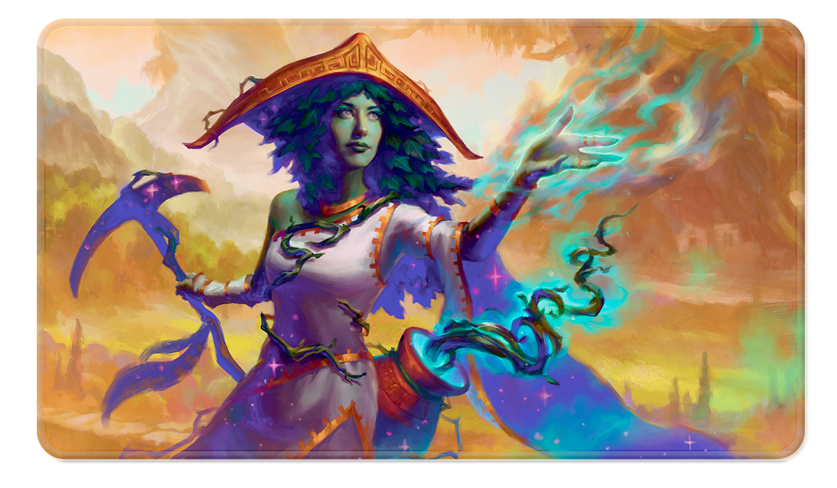 A fantasy art playmat featuring a green-skinned sorceress with leafy hair and a wide-brimmed hat, casting a blue magical spell. She holds a purple scythe-like staff. The background depicts a vibrant, dreamlike landscape with mountains and distant structures. Brand: Ultra PRO, Item: Commander Series #2: Allied - Sythis Stitched Standard Gaming Playmat for Magic: The Gathering