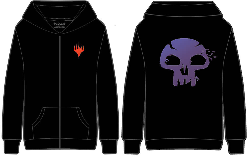 A Black zip-up hoodie with the Magic: The Gathering logo on the left chest and a stylized skull graphic on the back. Brand: MTG PRO Shop, Item: Black Stylized Mana Symbol Light Weight Hoodie for Magic: The Gathering