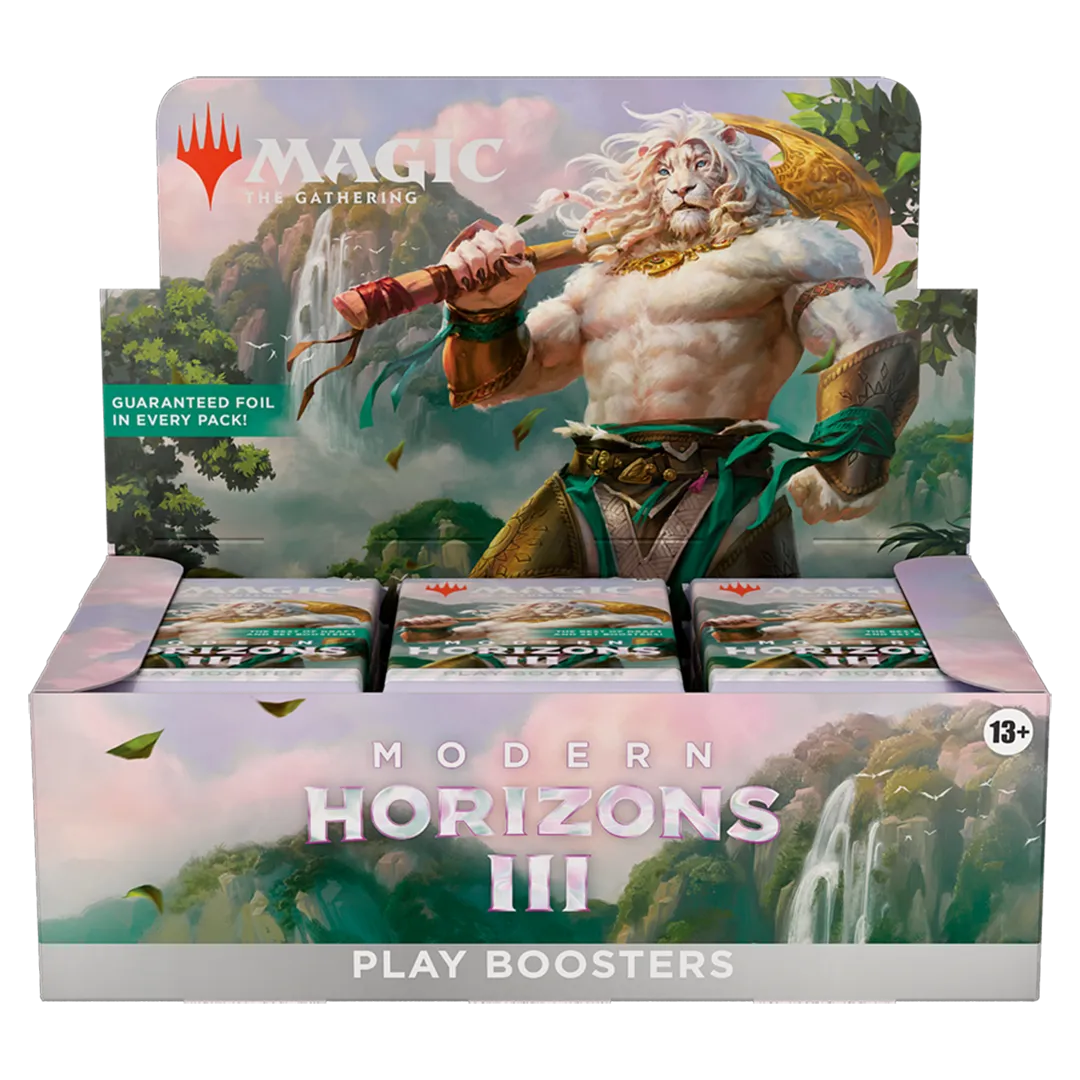 A sealed Modern Horizons 3 Play Booster Box for Magic: The Gathering, featuring artwork of a powerful white lion-like creature holding an axe.