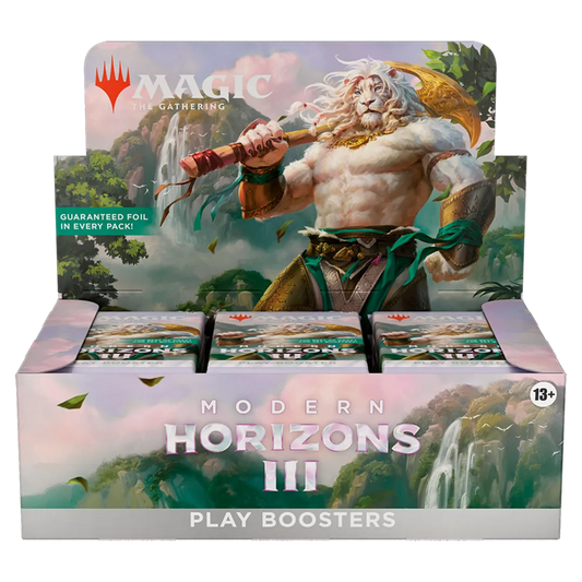 A sealed Modern Horizons 3 Play Booster Box for Magic: The Gathering, featuring artwork of a powerful white lion-like creature holding an axe.