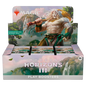 A sealed Modern Horizons 3 Play Booster Box for Magic: The Gathering, featuring artwork of a powerful white lion-like creature holding an axe.