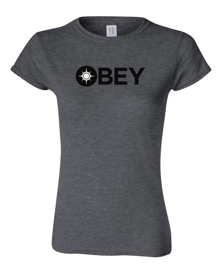 A Dark Heather Grey Women's T-Shirt with the Orzhov OBEY logo. Brand: MTG PRO Shop, Item: Guild Word Women's Orzhov OBEY T-Shirt for Magic: The Gathering