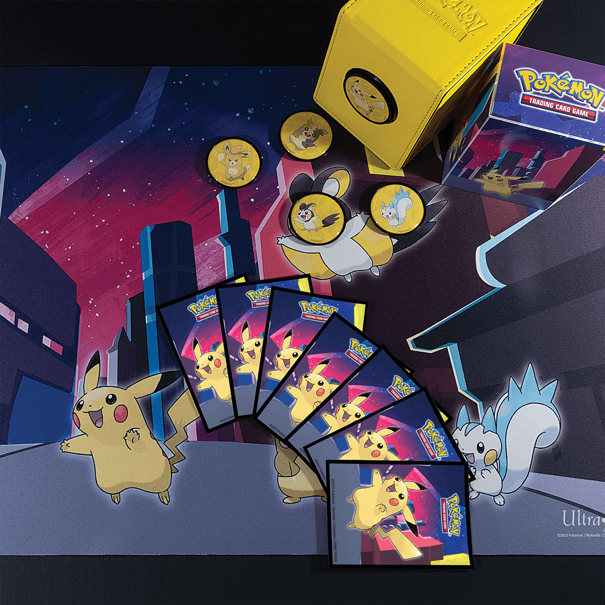 A yellow and blue Pokémon Trading Card Game deck box and playmat with Pikachu and other Pokémon characters. Brand: Ultra Pro, Item: Gallery Series Shimmering Skyline 9-Pocket Portfolio for Pokémon.