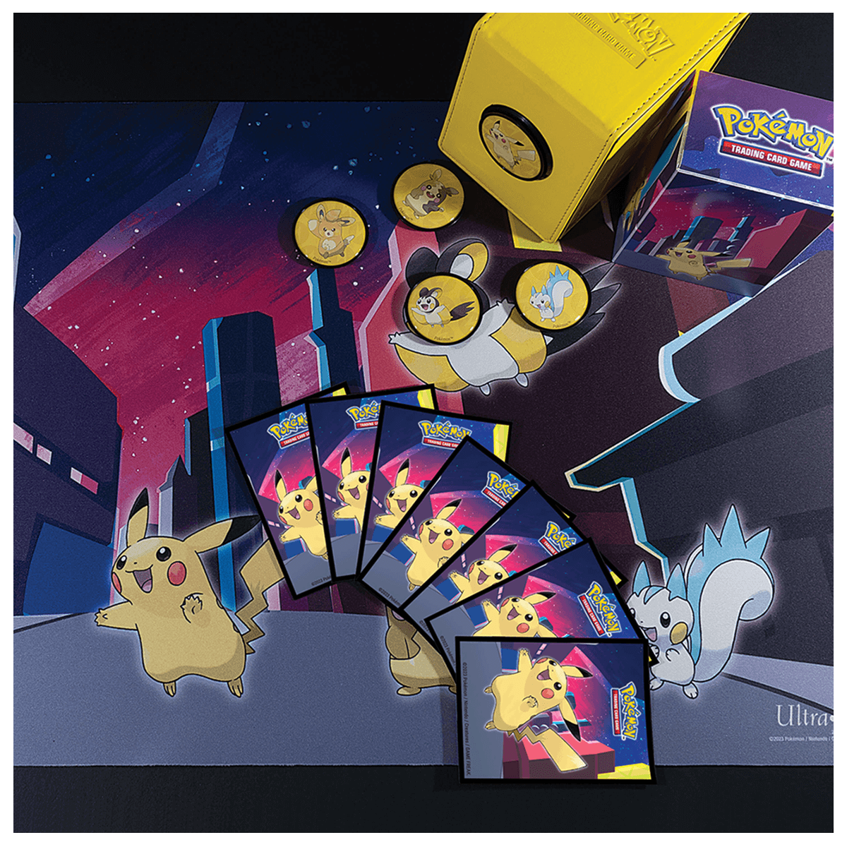 A yellow and blue Pokémon Trading Card Game 4-Pocket Portfolio featuring Pikachu and a cityscape.