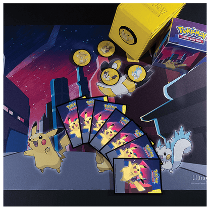 A yellow and blue Pokémon Trading Card Game 4-Pocket Portfolio featuring Pikachu and a cityscape.