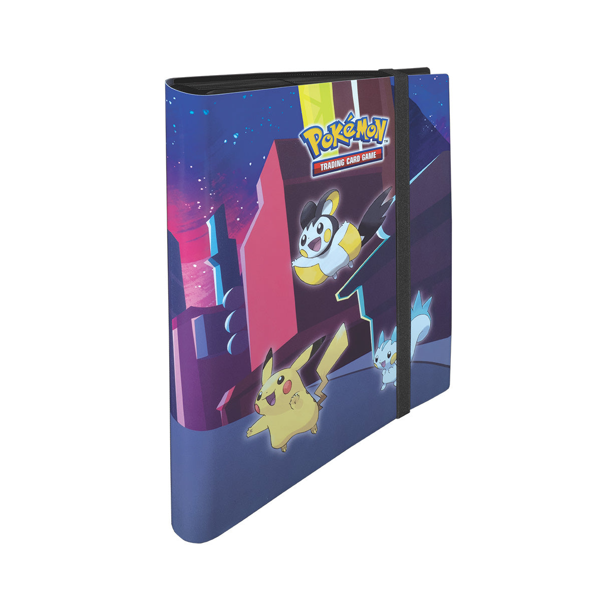 A blue Pokémon Trading Card Game 9-Pocket PRO-BINDER® with a Shimmering Skyline design featuring Pikachu, Emolga, and Pachirisu.