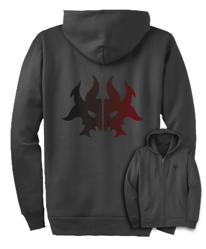 A dark grey zip-up hoodie featuring the Rakdos Guild symbol from Magic: The Gathering on the back. Brand: MTG PRO Shop, Item: Guild Symbol Rakdos Hoodie for Magic: The Gathering