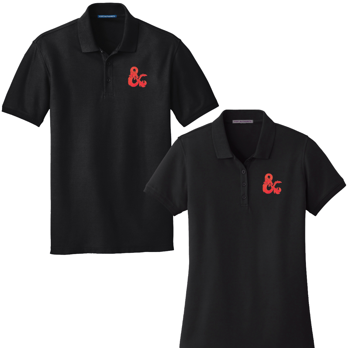 A Black Polo Shirt with Red Dungeons & Dragons Logo. Brand: Legion Supplies, Item: Dungeons & Dragons Embroidered Polo Shirt - Black with Red D&D Logo