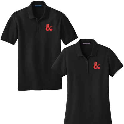 A Black Polo Shirt with Red Dungeons & Dragons Logo. Brand: Legion Supplies, Item: Dungeons & Dragons Embroidered Polo Shirt - Black with Red D&D Logo