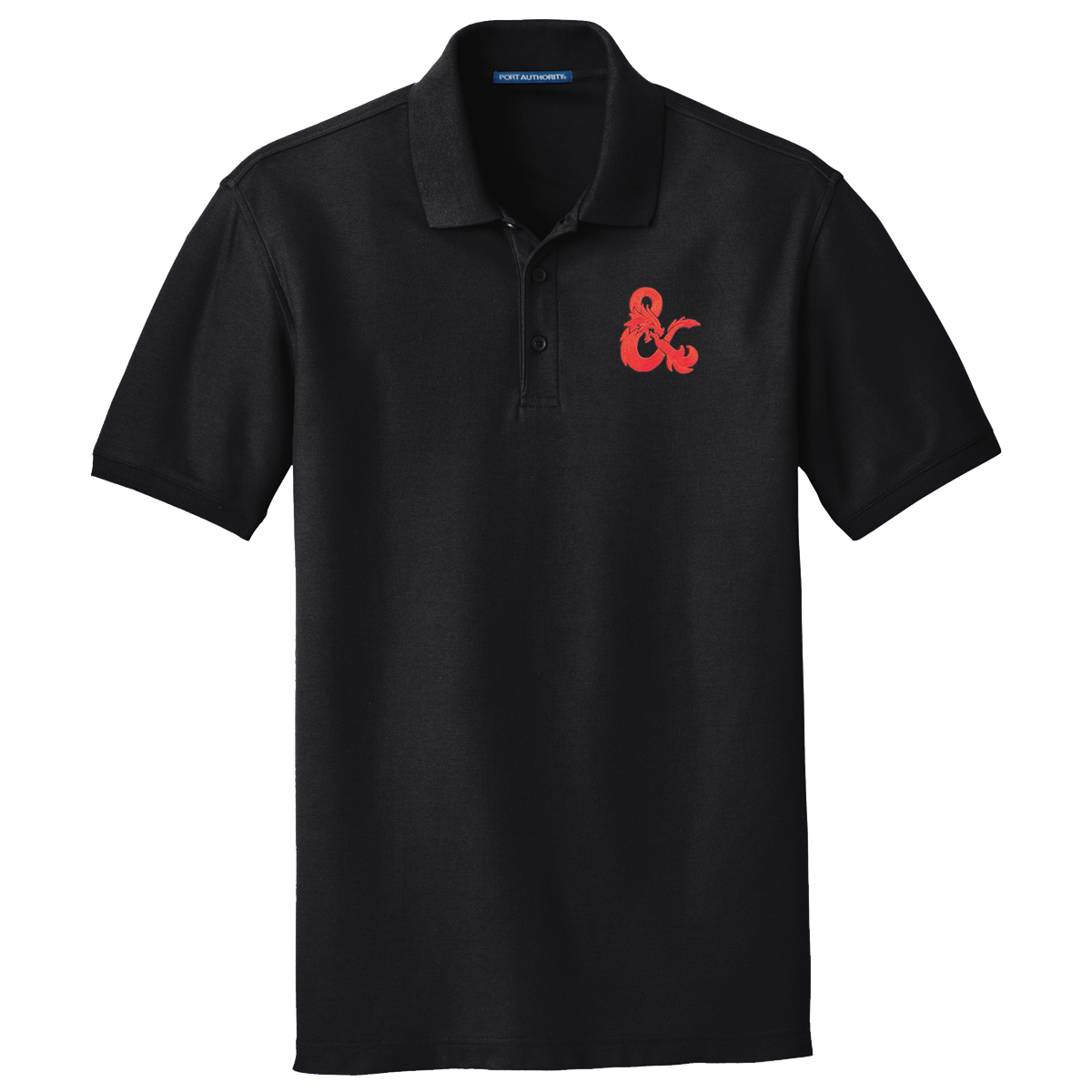A Black Polo Shirt with a Red Dungeons & Dragons Logo. Brand: Legion Supplies, Item: Dungeons & Dragons Embroidered Polo Shirt - Black with Red D&D Logo.