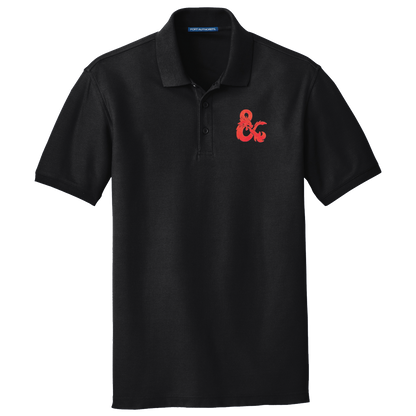 A Black Polo Shirt with a Red Dungeons & Dragons Logo. Brand: Legion Supplies, Item: Dungeons & Dragons Embroidered Polo Shirt - Black with Red D&D Logo.