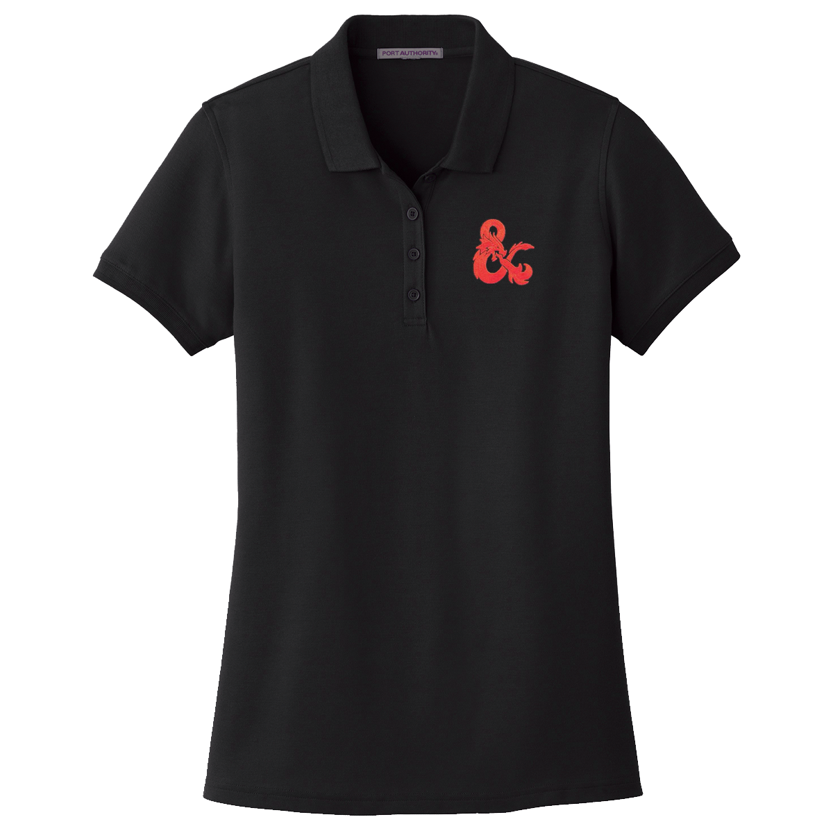 A Black Short-Sleeve Polo Shirt with a Red Dungeons & Dragons Logo. Brand: Legion Supplies, Item: Dungeons & Dragons Embroidered Polo Shirt.
