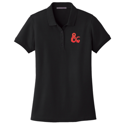 A Black Short-Sleeve Polo Shirt with a Red Dungeons & Dragons Logo. Brand: Legion Supplies, Item: Dungeons & Dragons Embroidered Polo Shirt.