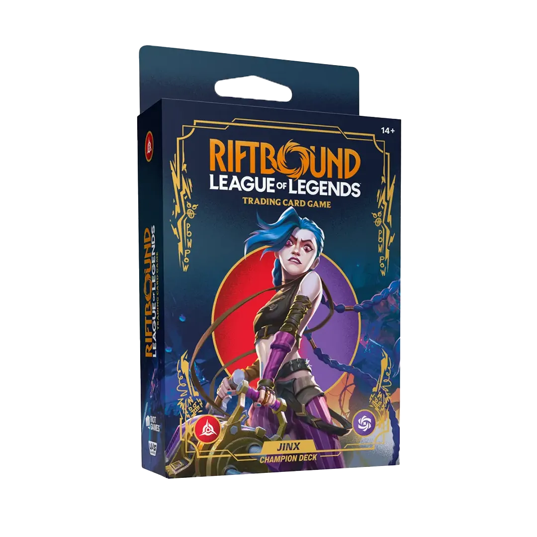 A sealed Riftbound box featuring Jinx artwork. Publisher: Riot Games, Game: League of Legends, Set: Origins Champion Deck (Jinx)