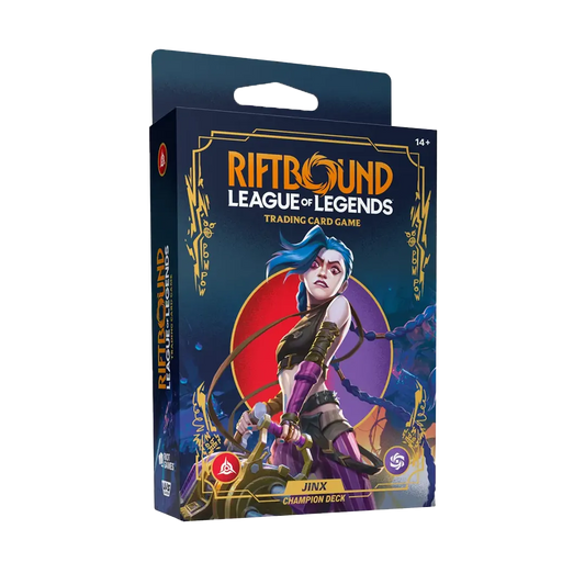 A sealed Riftbound box featuring Jinx artwork. Publisher: Riot Games, Game: League of Legends, Set: Origins Champion Deck (Jinx)