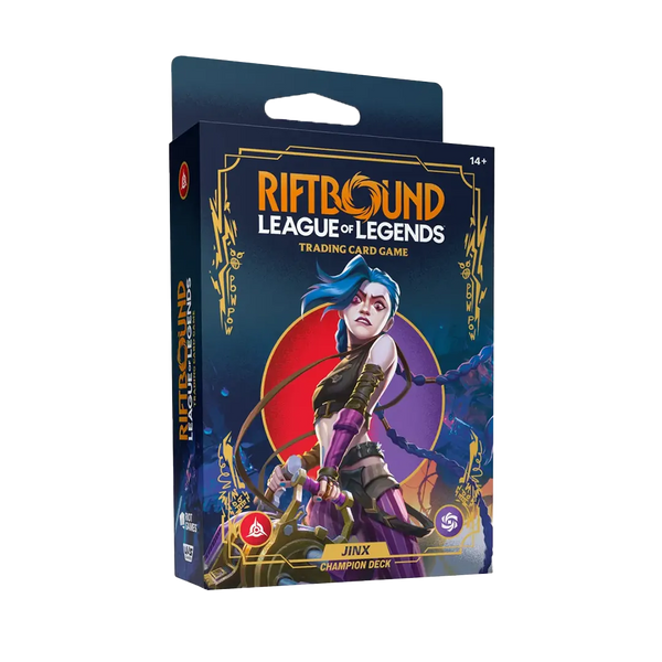 A sealed Riftbound box featuring Jinx artwork. Publisher: Riot Games, Game: League of Legends, Set: Origins Champion Deck (Jinx)