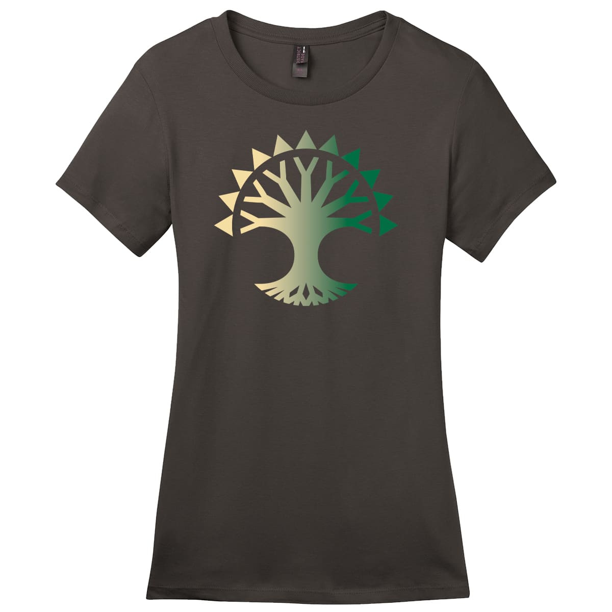 A dark grey women's t-shirt featuring the Selesnya Conclave guild symbol from Magic: The Gathering. Brand: MTG PRO Shop, Item: Guild Symbol Women's Selesnya T-Shirt for Magic: The Gathering