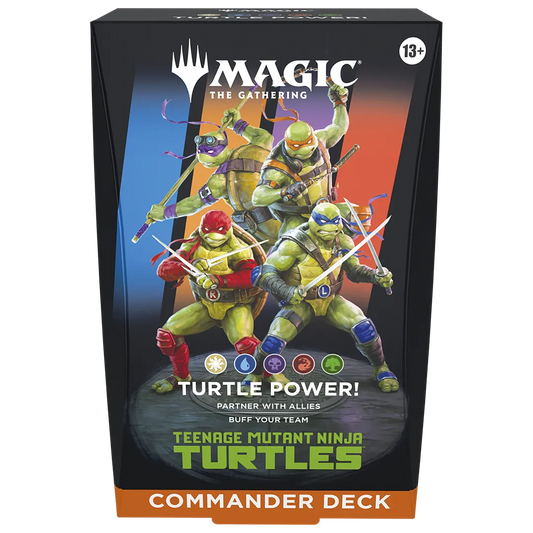 A sealed Magic: The Gathering Commander Deck box featuring Teenage Mutant Ninja Turtles "Turtle Power!" art. Publisher: Magic: The Gathering, Game: Magic: The Gathering, Set: Teenage Mutant Ninja Turtles Commander Deck (TMNT)
