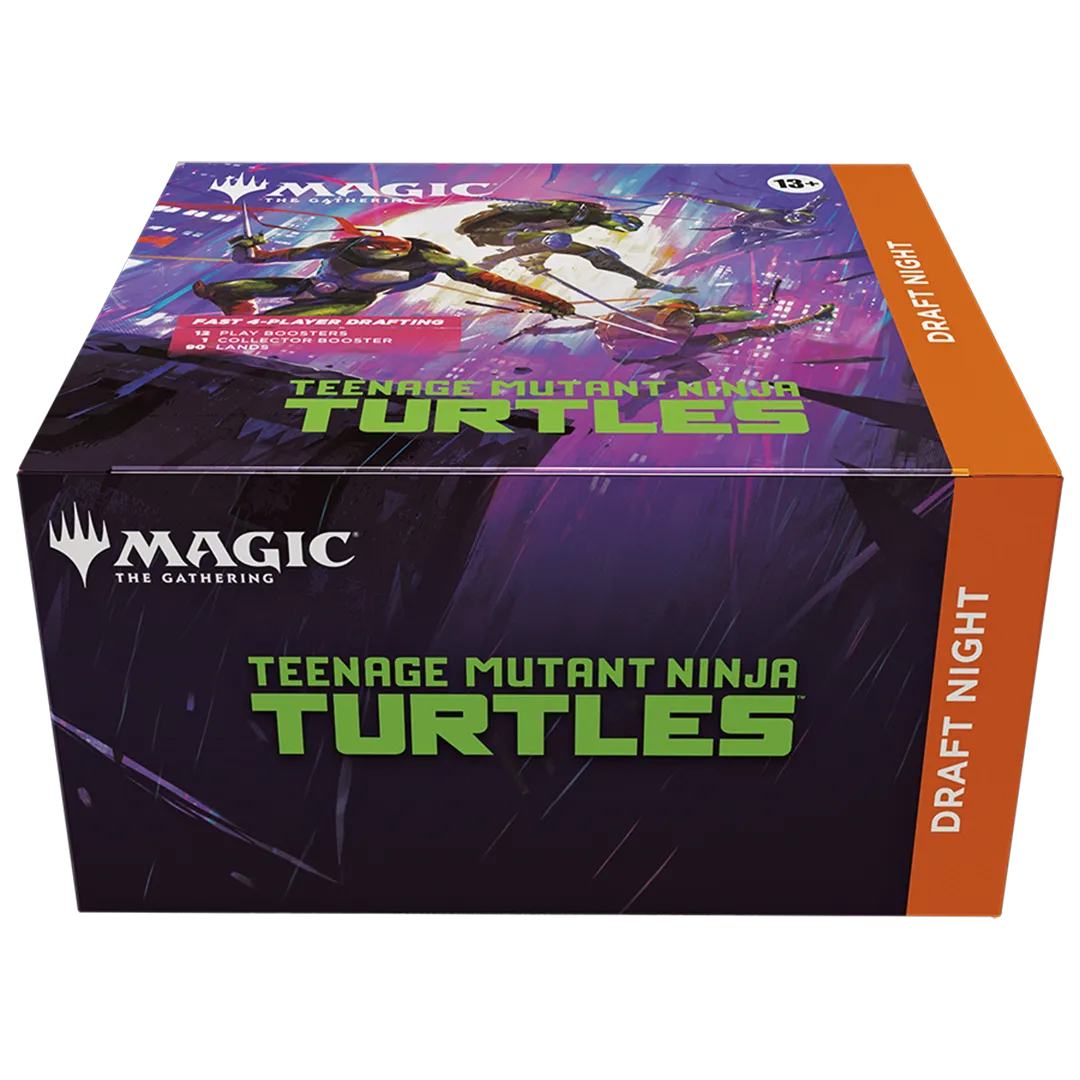A sealed Draft Night box featuring the Teenage Mutant Ninja Turtles. Publisher: Magic: The Gathering, Game: Magic: The Gathering, Set: Teenage Mutant Ninja Turtles (TMNT)