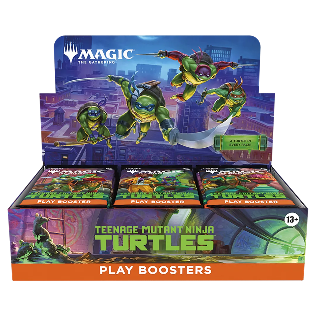 A sealed Play Booster box featuring Teenage Mutant Ninja Turtles art. Publisher: Magic: The Gathering, Game: Magic: The Gathering, Set: Teenage Mutant Ninja Turtles (Shortcode)