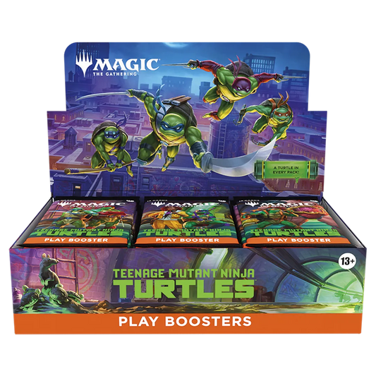 A sealed Play Booster box featuring Teenage Mutant Ninja Turtles art. Publisher: Magic: The Gathering, Game: Magic: The Gathering, Set: Teenage Mutant Ninja Turtles (Shortcode)