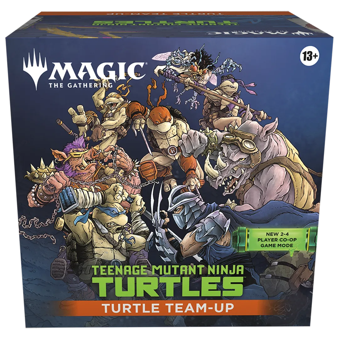 A sealed Magic: The Gathering box featuring the Teenage Mutant Ninja Turtles battling in a dynamic illustration. Publisher: Magic: The Gathering, Game: Teenage Mutant Ninja Turtles, Set: Turtle Team-Up (TMNT)