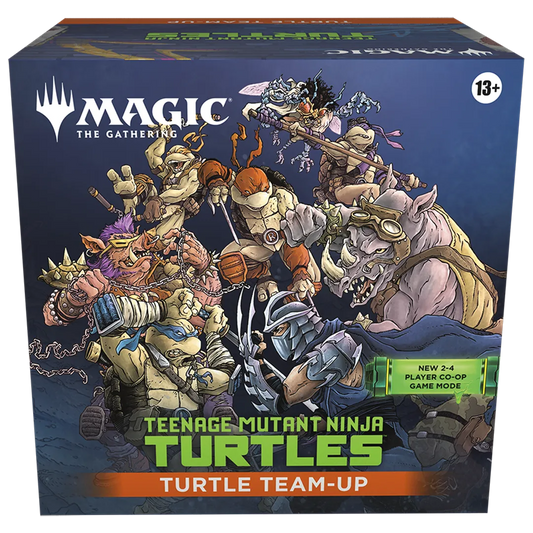 A sealed Magic: The Gathering box featuring the Teenage Mutant Ninja Turtles battling in a dynamic illustration. Publisher: Magic: The Gathering, Game: Teenage Mutant Ninja Turtles, Set: Turtle Team-Up (TMNT)
