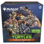 A sealed Magic: The Gathering box featuring the Teenage Mutant Ninja Turtles battling in a dynamic illustration. Publisher: Magic: The Gathering, Game: Teenage Mutant Ninja Turtles, Set: Turtle Team-Up (TMNT)