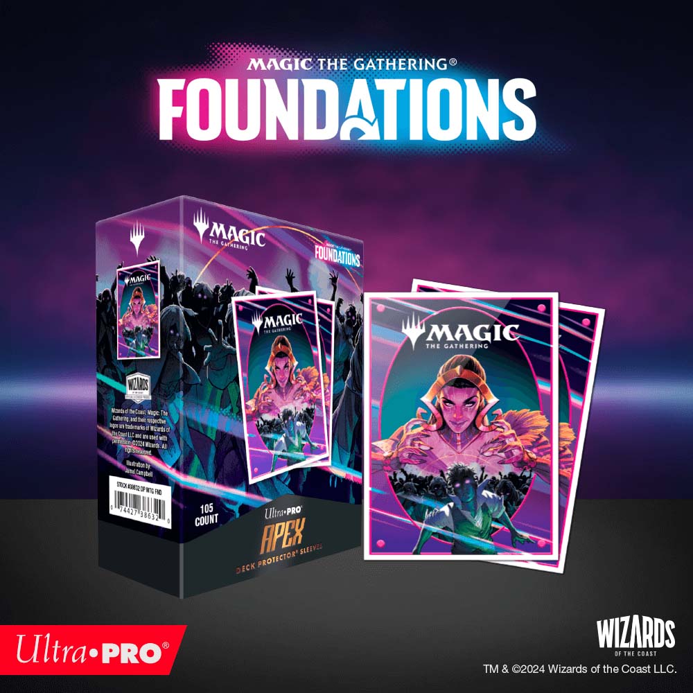 A colorful Magic: The Gathering Foundations Liliana APEX Deck Protector Sleeves. Brand: Ultra-Pro, Item: Foundations Liliana 105ct APEX DECK PROTECTOR® Sleeves for Magic: The Gathering