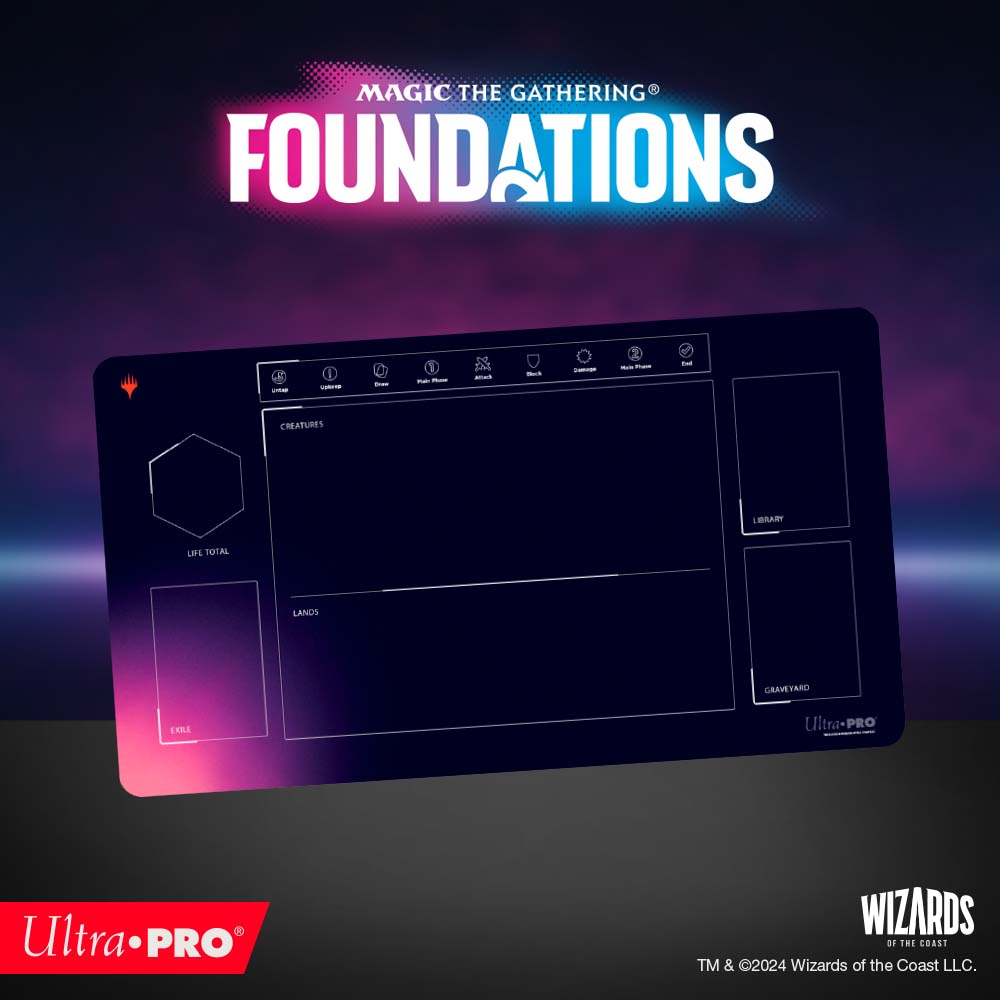 A dark blue Magic: The Gathering Foundations Learn To Play 1-Player Playmat. Brand: Ultra-Pro, Item: Foundations Learn To Play 1-Player Playmat for Magic: The Gathering.
