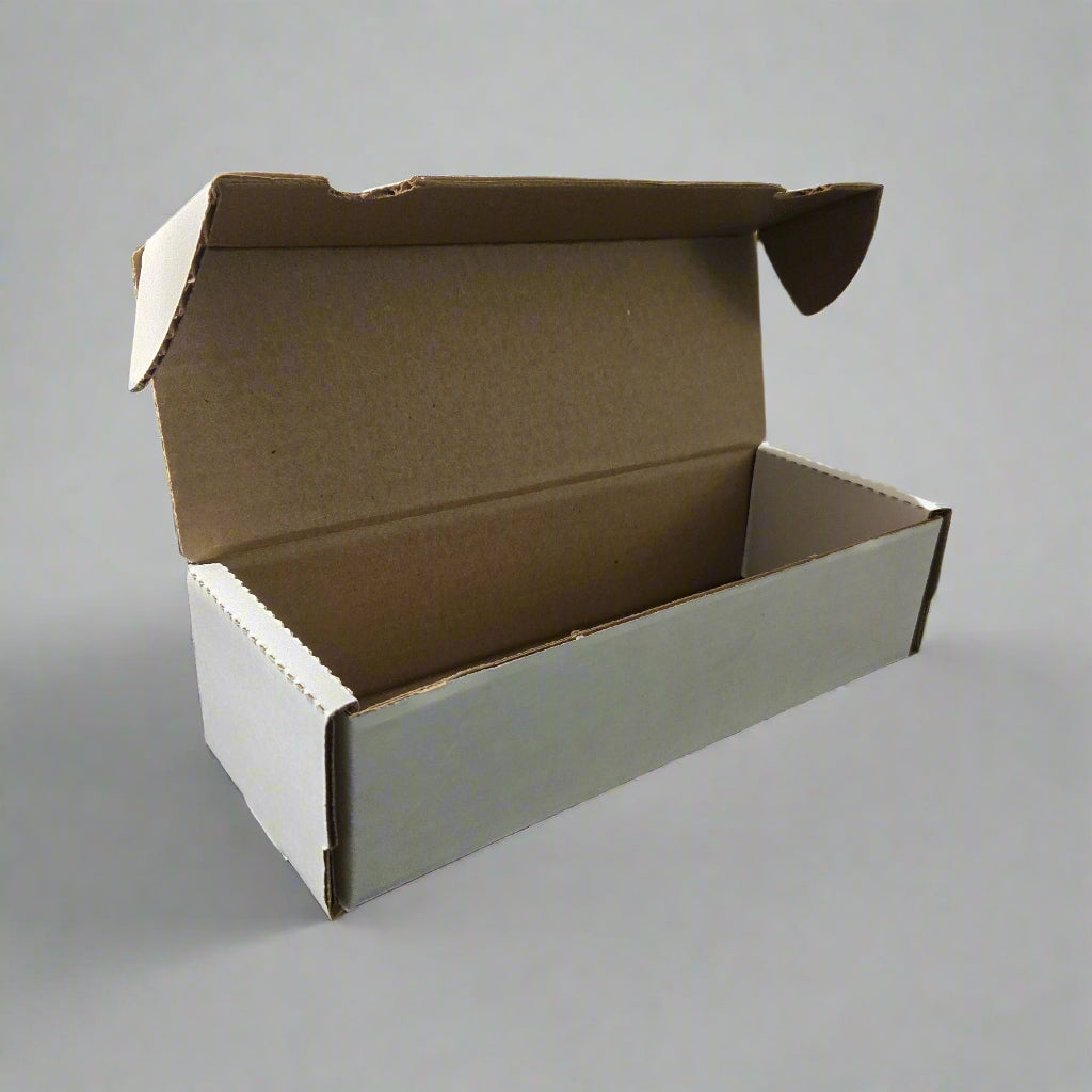 A white and brown corrugated cardboard 660 card count storage box. Brand: Ultra PRO, Item: 660 Card Count Corrugated Boxes - 10 Pack.