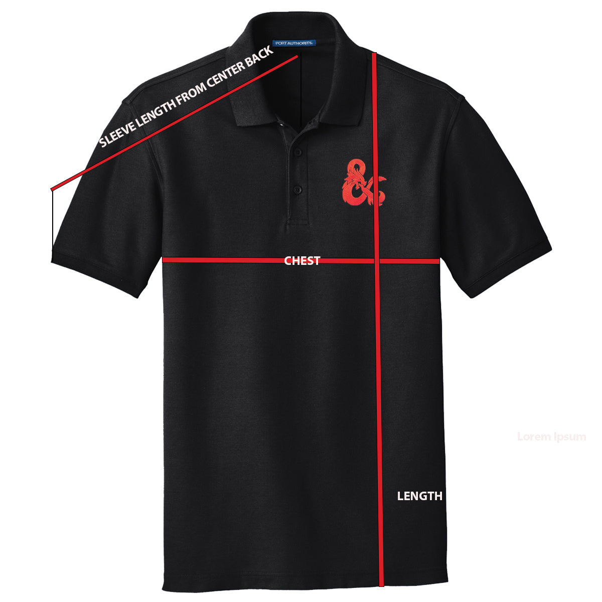 A black Dungeons & Dragons embroidered polo shirt with a red D&D logo. Brand: Legion Supplies, Item: Dungeons & Dragons Embroidered Polo Shirt - Black with Red D&D Logo.