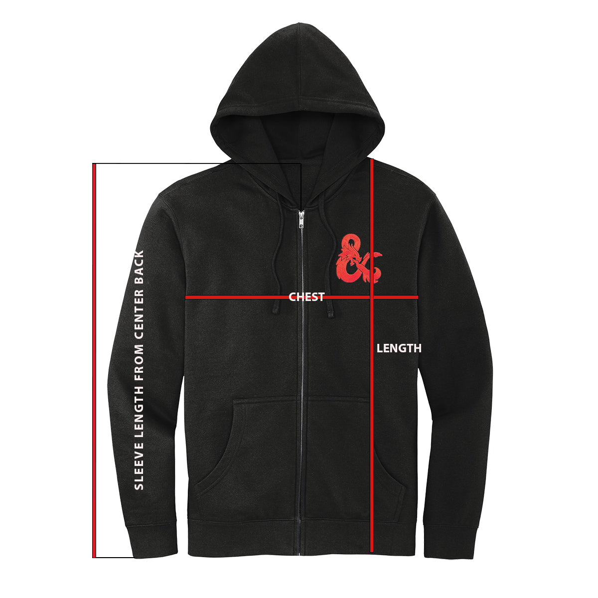 A Black Dungeons & Dragons Zip-Up Hoodie with a Red D&D Logo. Brand: Legion Supplies, Item: Dungeons & Dragons Zip-Up Hoodie - Black with Red D&D Logo