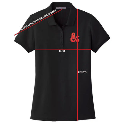 A black Dungeons & Dragons embroidered polo shirt with a red D&D logo. Brand: Legion Supplies, Item: Dungeons & Dragons Embroidered Polo Shirt - Black with Red D&D Logo