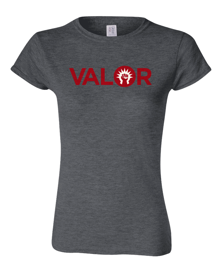 A charcoal women's t-shirt with the word VALOR in red and a red fist symbol inside a white circle. Brand: MTG PRO Shop, Item: Guild Word Women's Boros VALOR T-Shirt for Magic: The Gathering