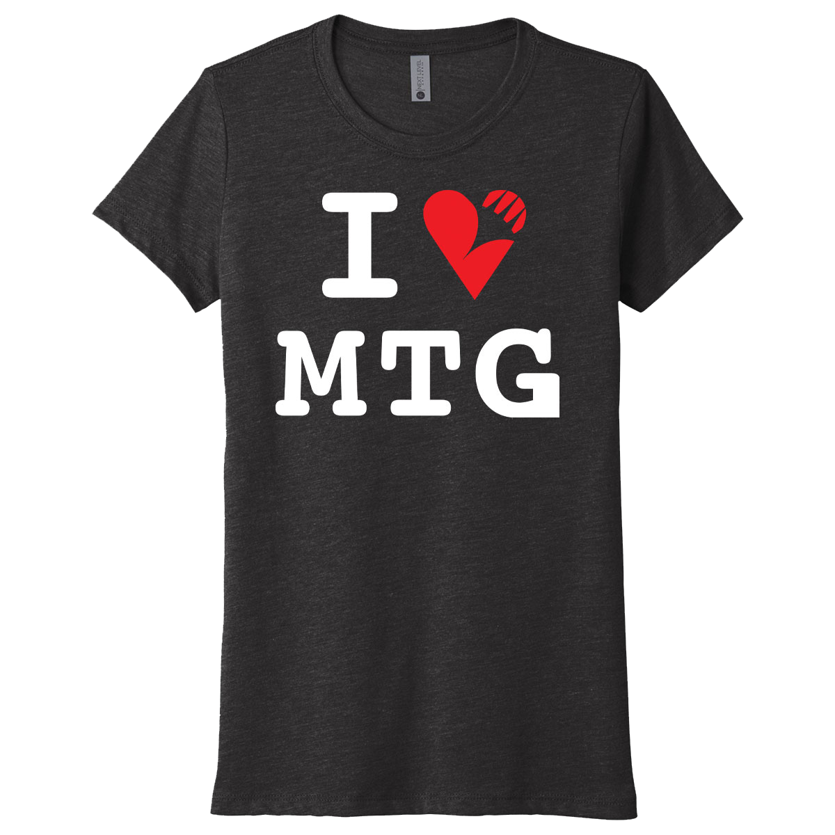 A dark heather women's t-shirt with "I Love MTG" graphic. Brand: MTG PRO Shop, Item: I Love MTG T-shirt for Magic: The Gathering